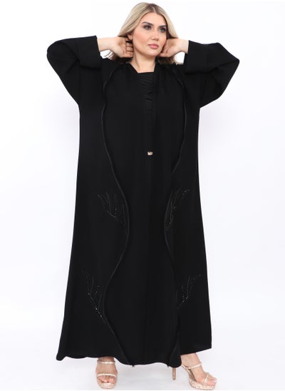 Buy Black abaya with a beautiful side cut and embroidered with black crystals in Saudi Arabia