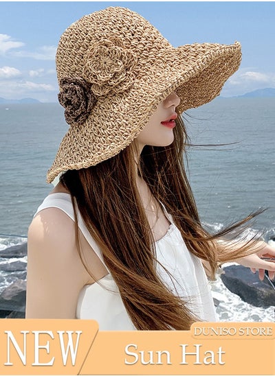 Buy Women's Foldable Sun Straw Hat With Flowers Summer Wide Brim Roll Up Beach Cap Summer Solid Travel Beach Cap UV Protection UPF50+ for Vacation Outdoor Activities in UAE