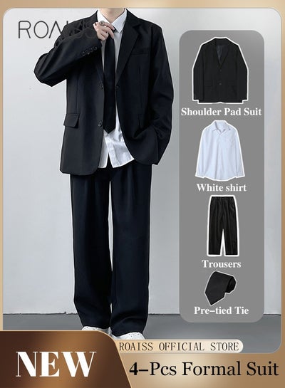 Buy 4Pcs Business Casual Dress Suits for Men Blazer Shirt Tie Pants Slim Fit Formal Clothes Sets Single Breasted 1 Button Top Anti Wrinkle and Stylish with Lapel Collar and Pockets in Saudi Arabia