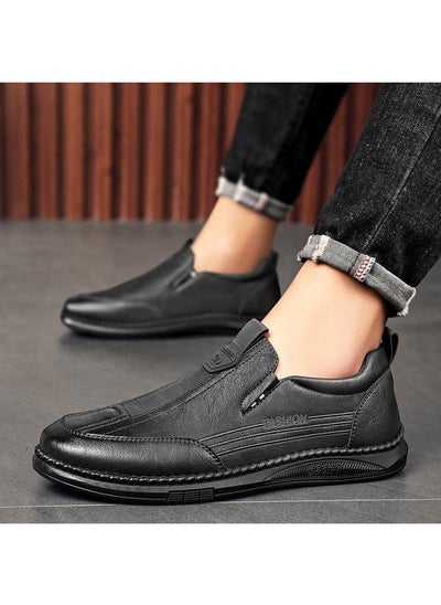 Buy Slip-on Men's Shoes Spring Business Casual Leather Shoes Men's Black Non-slip Soft Bottom Trendy Work All-match Loafers in Saudi Arabia