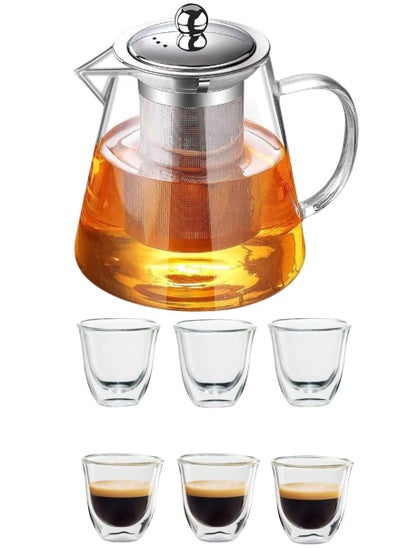 Buy Borosilicate Glass Teapot with Infuser (950 ML) & Double Wall Tea Coffee Cups (Set of 6, 80 ML) - Clear Glass Drinkware for Espresso, Americano, Loose Leaf & Blooming Tea Maker in UAE