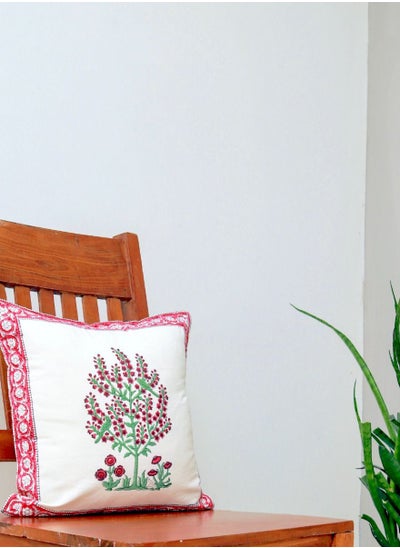 Buy Sweet Pea Red And Green Organic Cotton Hand Block Printed Cushion Cover 40 X 40 Cm in UAE