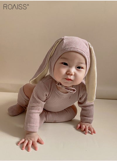 اشتري 3 Piece Baby One Piece Bodysuit Cute Rabbit Suit Long Ear Hat Pantyhose Long Sleeve Crotch Snap Closure Small Tail One-Piece Crawling Suit في الامارات