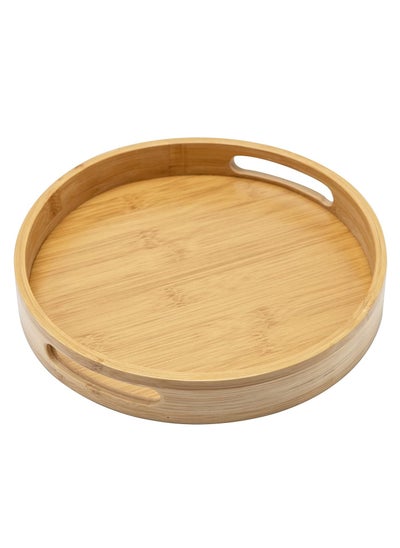 اشتري Bamboo Round Tray with Handles - 30x30x5cm Decorative Serving Tray for Coffee, Tea, and Food - Perfect for Bar, Living Room, Dining Table في الامارات