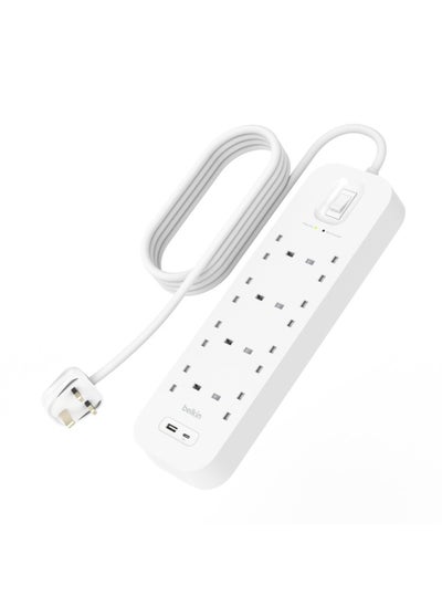 Buy 8-Outlet Surge Protector w/ Charging Ports 18W | 2meters Cable Length, 900 Joules Protection, PD Fast Charge 1x USB/C 1x USB-A, Heavy Duty Chord, w/ Switch & LED Indicator - UK 3-Pin in UAE