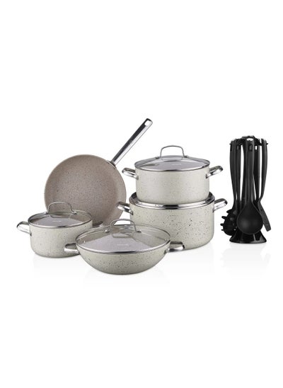 Buy Korkmaz granite cookware set, beige color 15 pieces in Saudi Arabia