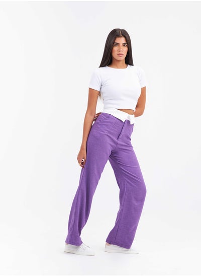 Buy High-Waist Purple Folded Waistband Wide Leg Trousers. in Saudi Arabia