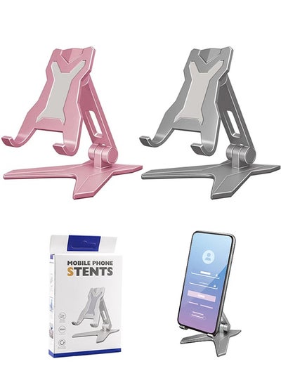 Buy 2 Pcs Plating Phone Stand Adjustable Mobile Holder, Foldable Desktop Phone Stand, for All 4-10 inch iPhone Smartphones Tablets and E Readers (Grey+Pink) in Saudi Arabia