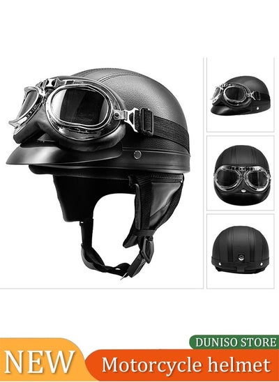 Buy Motorcycle semi open leather helmet, PU leather all inclusive riding helmet with transparent leather goggles, detachable inner lining and sun protection brim, unisex, black in Saudi Arabia