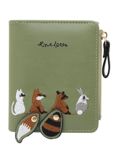 اشتري Cute Embroidery Wallets for Women, Leather RFID Blocking Small Bifold Wallet with Zipper Coin Purse, Portable and Small Wallets with Embroidered Animal Pattern, Green في الامارات