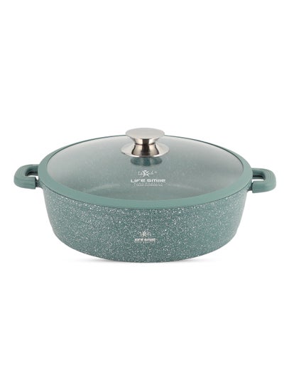 Buy 32cm (6.5 Liter)Shallow Pot with Lid | Non Stick PFOA FREE Granite Coating Frying Pan Cooking Pot | Oven Safe | Dishwasher Safe | Double Handle (Green) in UAE