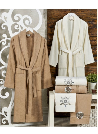 Buy 6-Piece Turkish Velour Cotton Family Bathrobe Set with Matching Bath Towels and Hand Towels Brown/Ivory in UAE