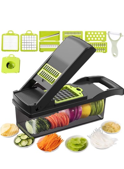 اشتري Vegetable Chopper Mandoline Slicer Cutter Chopper 12 in 1 Veggie Chopper Interchangeable Blades with Colander Basket and Container by GIB Cleaningtool في الامارات