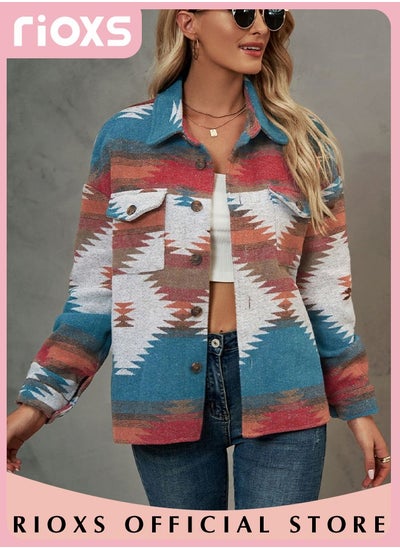 اشتري Women's Vintage Geometric Print Pattern Jacket Loose Button Down Long Sleeve Woolen Plaid Shirt Coat في الامارات