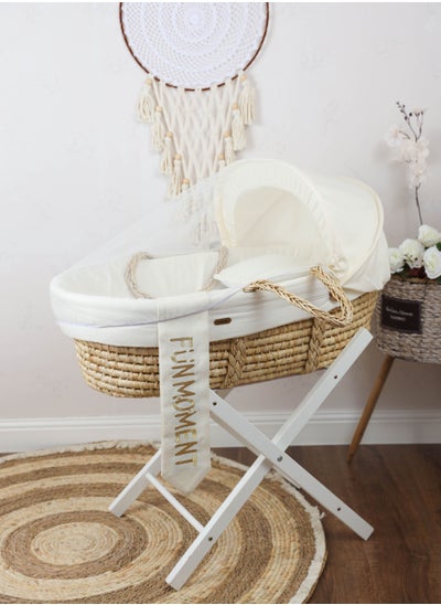 Buy Moses basket cradle with foldable wooden stand white color in Saudi Arabia