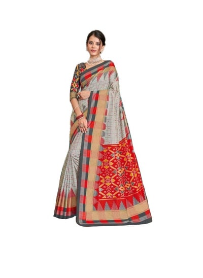 اشتري Kathi Silk Grey Saree With Red Chex Having Red Temple Border Plus Red Printed Pallu And Unstitched Blouse في الامارات