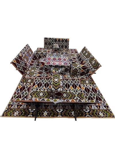 Buy A heritage floor seating set consisting of 9 pieces, suitable for travel, land trips, and the garden. A ground camping mattress set with four perches, 4 chairs, and a high-quality cloth rug, enough for 8 people. in Saudi Arabia