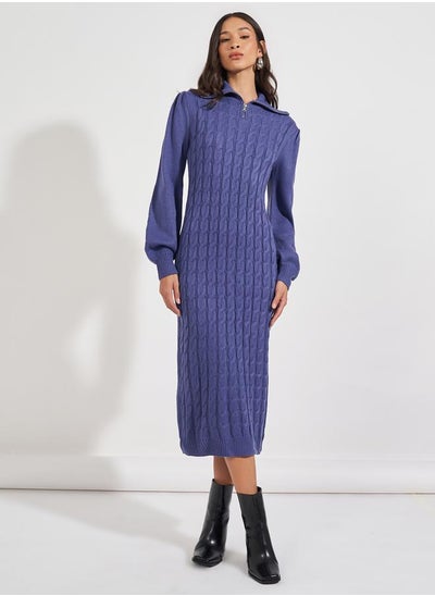 Buy Chunky Knit Zipped Collar Sweater Midi Dress in Saudi Arabia