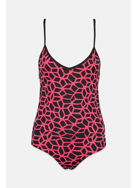 Buy Women All Over Print One Piece Swimwear, Black and Pink in Saudi Arabia