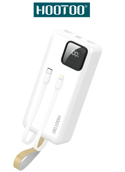 Buy Hootoo 30000mAh Power Bank with 3 Outputs (2 x USB-A, 1 x USB-C) and input (micro-USB), Two built-in cables, Battery digital Display, 22.5W Fast Charging, LED Flashlight and Carrying Strap. White in Saudi Arabia