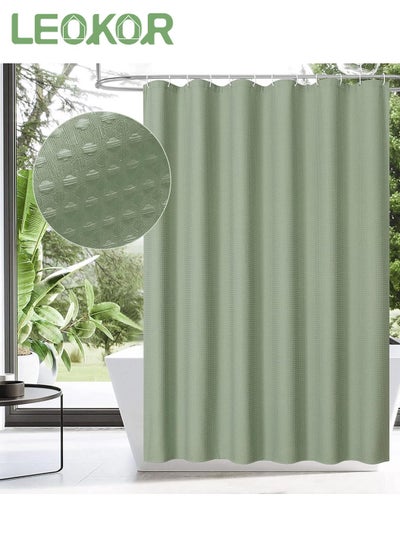 اشتري Water Repellent Waffle Weave Textured Fabric Shower Curtain for Bathroom Green في السعودية