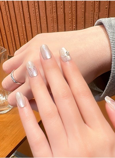 اشتري 10 Pcs Gilt Cat Eye Nail Art with Patterned False Nails Short T Manicure Fake Nails Press on Nails with Wearing Tools, Size:XS/S/M（Gilt Butterfly White）Random Packaging في الامارات