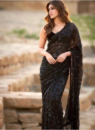 Buy Designer Sequence Party Wear Bollywood Kriti Sanon Black Saree With Unstitched Blouse Piece in UAE