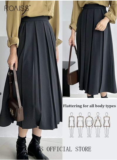 Buy Women's Solid Color Long Skirt Women High Waist Pleated A-Line Skirt Ladies' Casual All-Match Suit Material Pleated Skirt in UAE