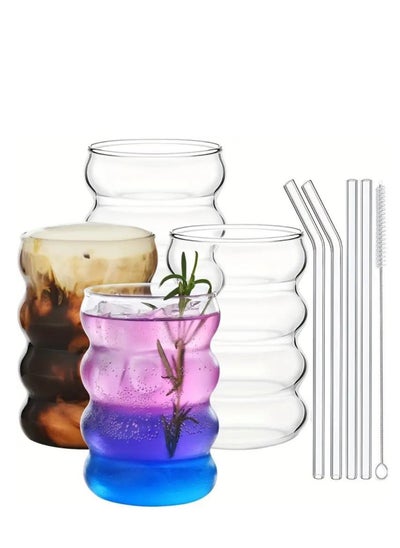 Buy Ripple Shaped Drinking Glasses with Straws 330 ML (Set of 4) in UAE