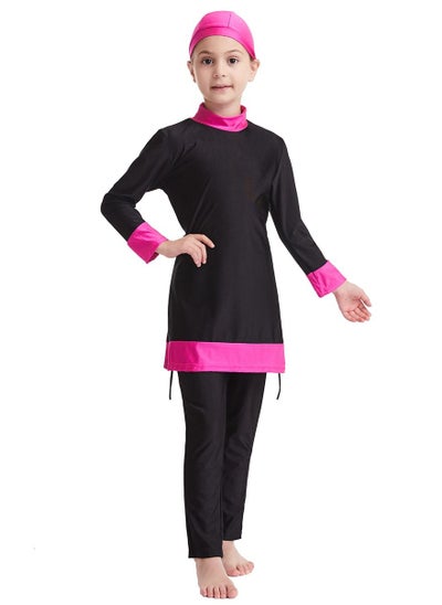 اشتري Girls Traditional Fashion 3-Piece Swimwear Set Long Sleeve Burkinis Swimsuit Set Black/Pink في السعودية