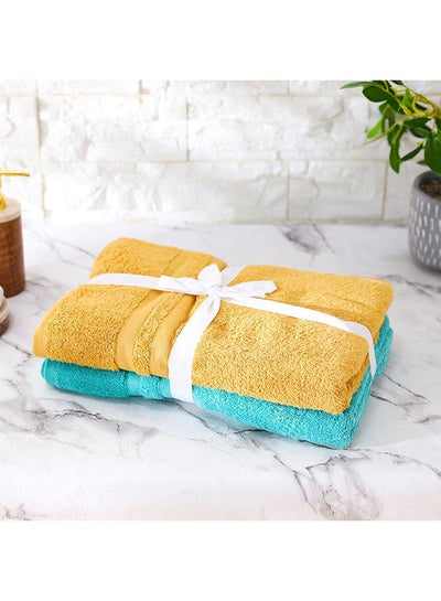 Buy Basics 2 Piece Bath Towel Set 100% Cotton Quick Dry Plush Bath Sheet Ultra Soft Highly Absorbent Daily Usage Towels For Bathroom L 70 x W 140 cm Teal Gold & Yellow in UAE