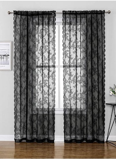 اشتري 2-Piece Rod Pocket Rose Florals Lace Sheer Window Curtains for Bedroom/Living Room/Kitchen Black في الامارات