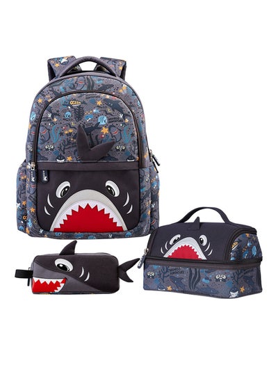 اشتري Kids 16 Inch School Bag With Lunch Bag And Pencil Case (Set Of 3) Shark - Grey في السعودية