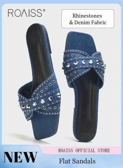 Buy Square Toe Casual Sandals For Women Toe Open Denim Rivet Decoration Flat Slippers Outer Wear Stylish Shoes in Saudi Arabia