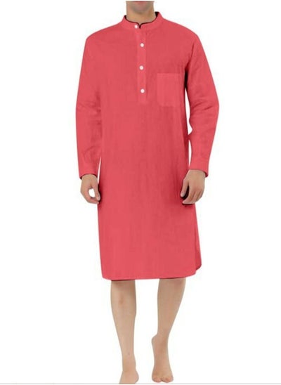 اشتري Men's Muslim Stand Collar Robe Thobe Solid Color Long Sleeve Kaftan Casual Shirt Red في السعودية