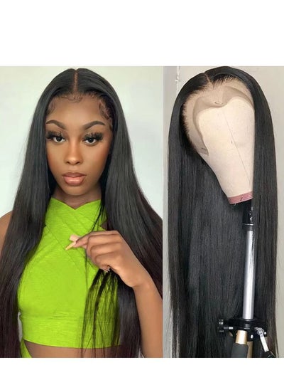 Buy 30 Inches Natural Black Color Straight Wig 13X4 Transparent Front Lace Natural Brazilian Virgin Hair Pre Plucked 150 Percent Density GlueLess in UAE