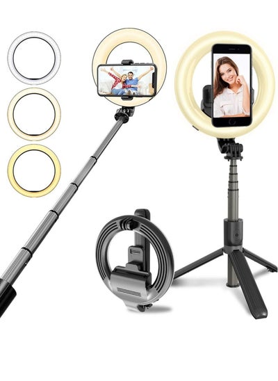 Buy Selfie Stick with Light, LED Ring Light Battery Powered with Tripod Stand, Wireless Remote & Phone Holder for Live Stream, Makeup, video, Compatible with iPhone, Android Phone in UAE