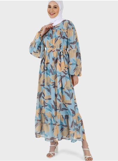 Buy Floral Print Balloon Sleeve Dress in UAE