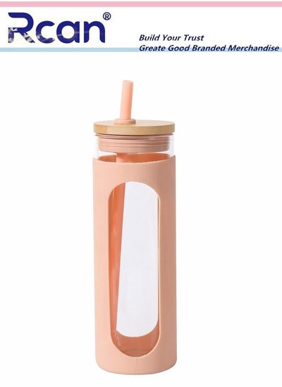 Buy Silicone Protective Case Glass Water Bottle with Straw and Wooden Lid and Straw Hole Sealed Leak Proof Reusable Coffee Milk Juice Drinking Cup Portable Travel Mug for Adults and Children 600ml in Saudi Arabia