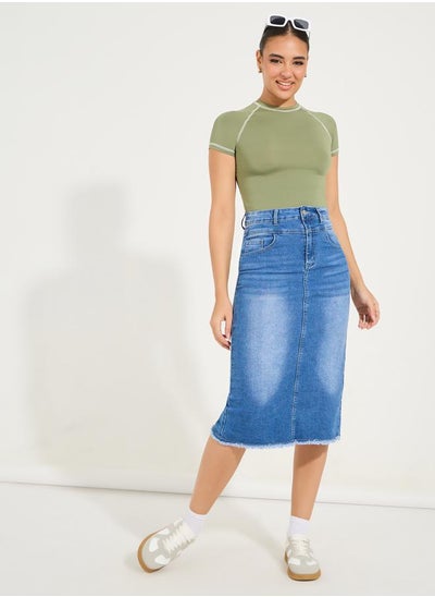 Buy Raw Edge Denim Midi Skirt with Back Slit in Saudi Arabia