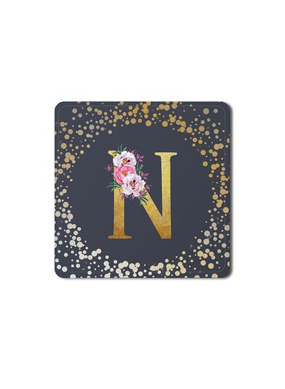 Buy Designer Leather Coasters Mat for Beverage Drinks- Custom Monogram Initial Letter Floral Pattern Alphabet - N (Grey) in UAE
