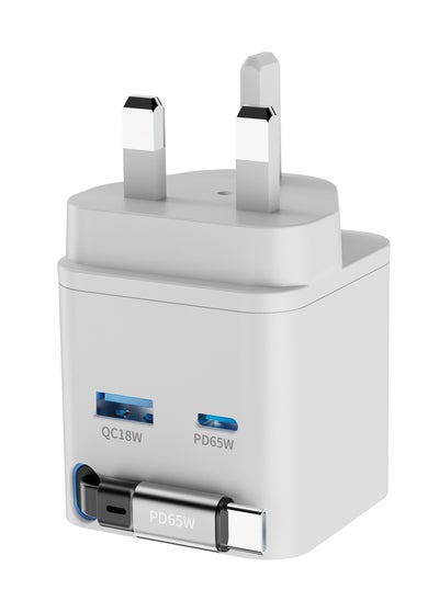 Buy Dual Port GaN Wall Charger with Retractable 75cm Cable / 3-Device Simultaneous Charging / Built-In Safeguards / Fire-Proof / Safe & High-Speed Charging / UK 3-Pin Plug - White in UAE