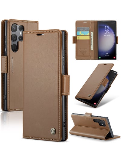 Buy Flip Wallet Case For Samsung Galaxy S23 Ultra, [RFID Blocking] PU Leather Wallet Flip Folio Case with Card Holder Kickstand Shockproof Phone Cover (Brown) in UAE