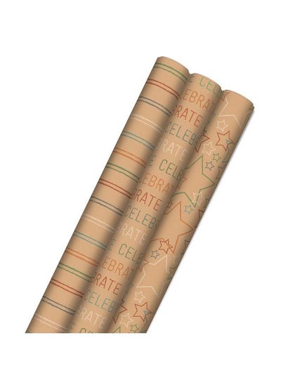 Buy Recyclable Wrapping Paper With Cutlines On Reverse (3 Rolls: 60 Sq. Ft. Ttl) Rainbow Stripes Celebrate Stars On Kraft Brown For Birthdays Graduations Kids Parties in Saudi Arabia