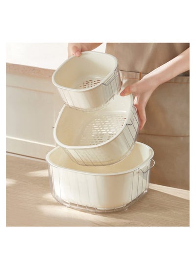 اشتري 3 Sets Kitchen Colander Bowl Set Food Strainer 2 In 1 Plastic Fruits Vegetables Washing Basket Double Layer Drain Basin for Wash Noodle Pasta Strainer في الامارات