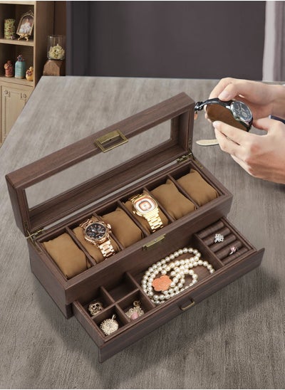 اشتري Watch Box Organizer for, 6 Slot Watch Display Case with Drawer, Father's Day Gift Mens Watch Holder Watch Case for Men, 6 Watch Box 2-layer Jewelry and Watch Storage Case -Espresso في الامارات