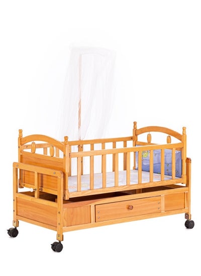 Buy Multifunctional Splicable Newborn Bed Baby Crib Solid Wood Paintless Cradle Baby Bed With Encrypted Mosquito Net- Wood Color in Saudi Arabia