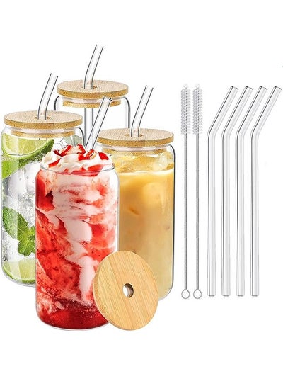 Buy Glasses with Bamboo Lids and Glass Straw 4pcs Set in UAE