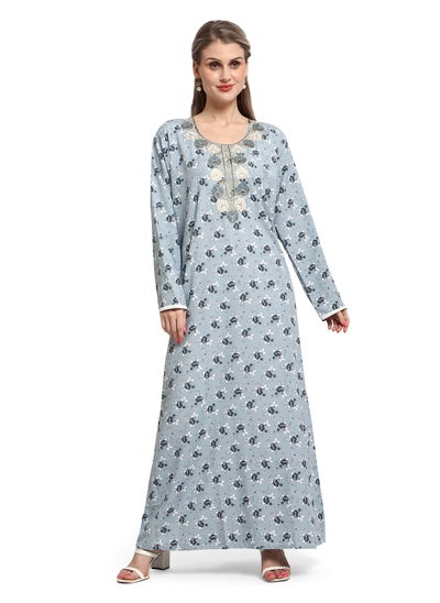 Buy FLORAL PRINTED FRONT EMBROIDERY STYLISH ARABIC KAFTAN JALABIYA DRESS in Saudi Arabia