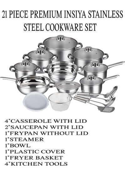 Buy Ultimate 21 Piece Insiya Stainless Steel Cookware Set Complete Culinary Collection for Gourmet Home Cooking with premium quality Pots Pans Versatile Kitchen Essentials fryer and steamer in UAE